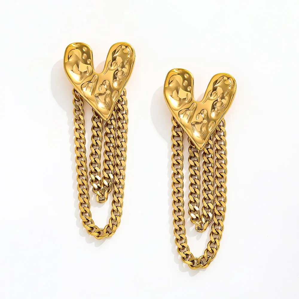 18K Gold Plated Irregular Heart Lava Chain Tassel Stud Earring for Women Stainless Steel Fashion Jewelry