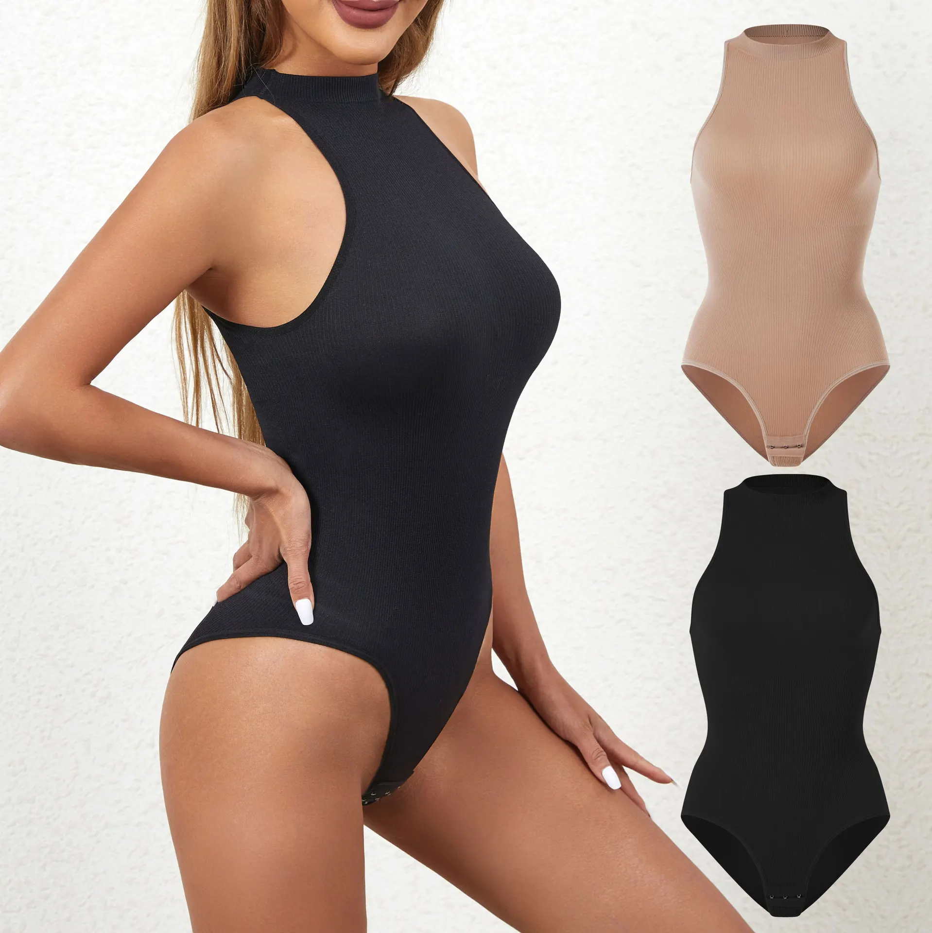 

2024 New Women's Round Neck Open Crotch Sexy Sleeveless Seamless Ribbed Tummy Control One Pieces Jumpsuit Thong Body Shaper
