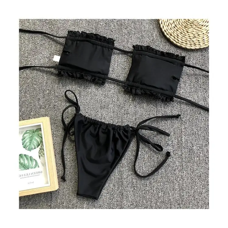 

2021 Sexy Hollow Out Strapless Ruffled Thong Bikinis Set Women Swimwear Beachwear for Bathing Suit woman Biquini, As picture