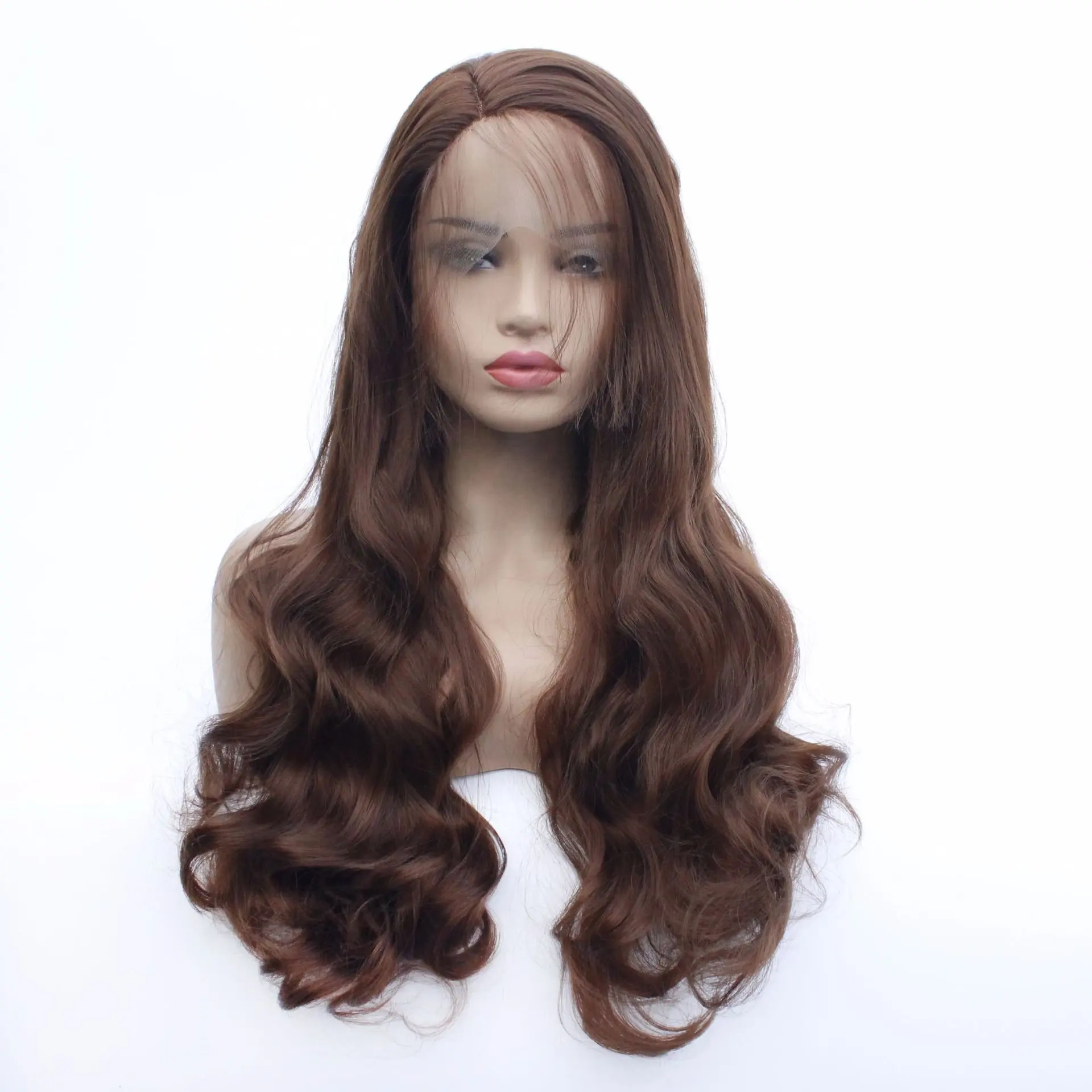 长波棕色合成花边前假发耐热纤维假发为妇女