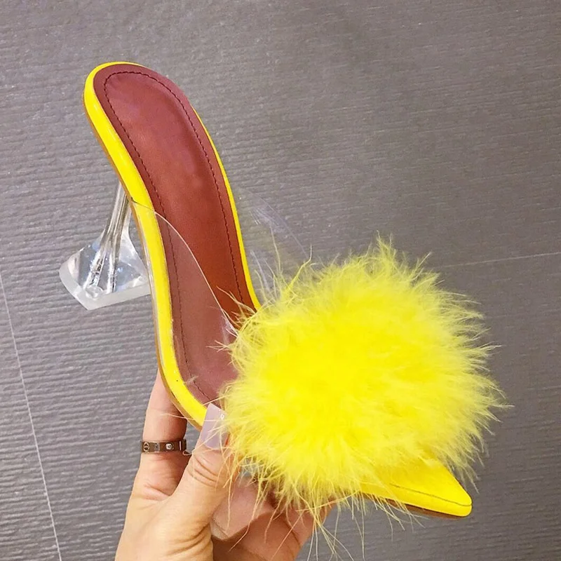 

Sexy clear heel sandals fur stilettos women office shoes heels, Black/white/yellow/purple