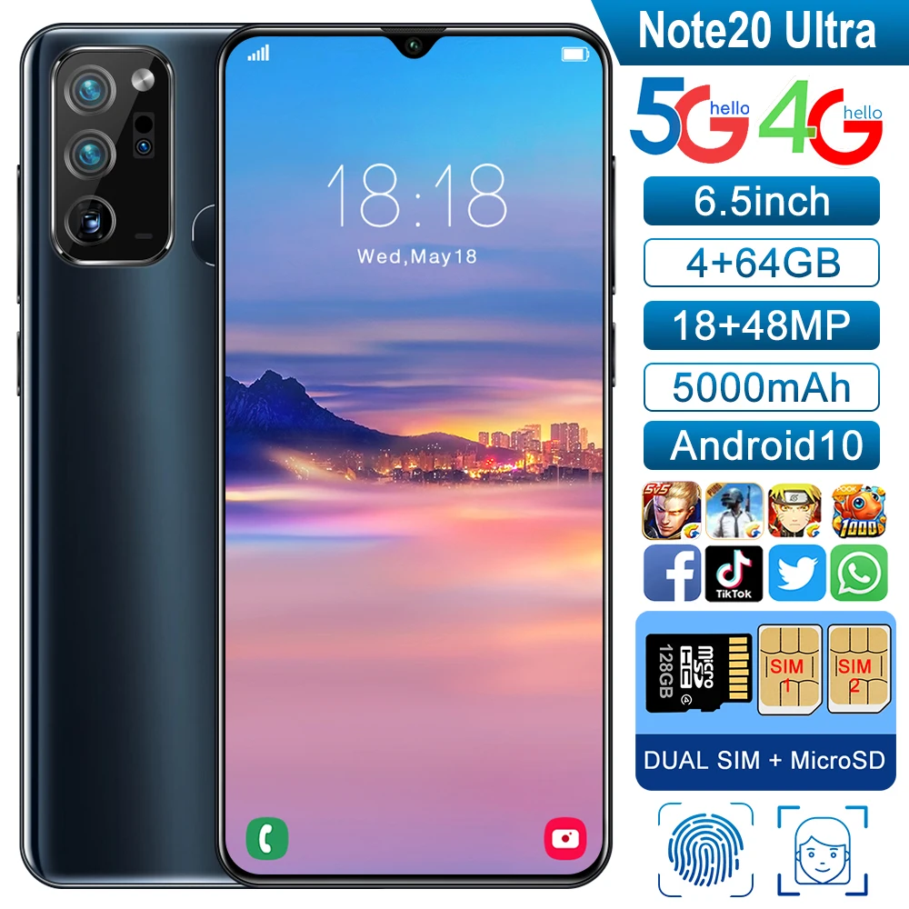 

2020 Hot Sale Note20 U Android 10.0 Smartphone 6.5 Inches Large Memory 4GB+64GB thin Face Unlock Dual Card