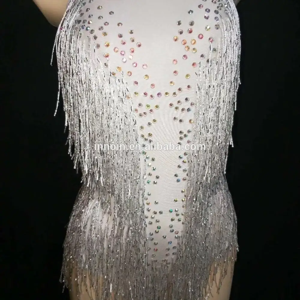 

Factory Direct Sale White Sparkly Rhinestone Tassel Leotard Nightclub Dance DS Show Stage Wear Stretch Bodysuit