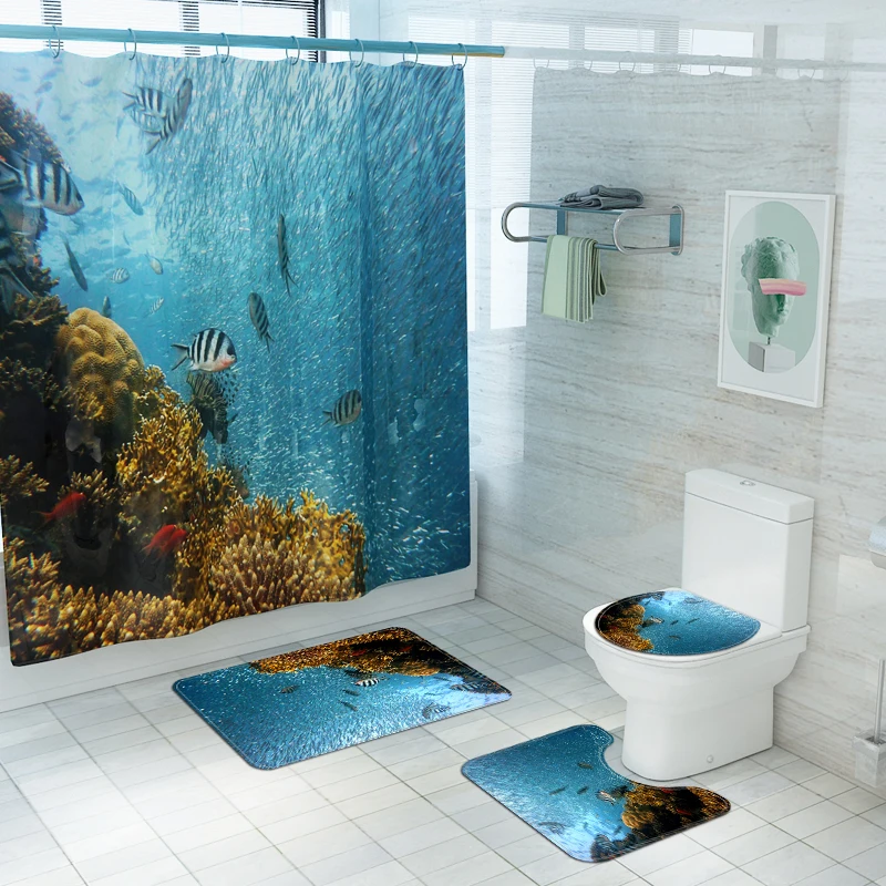 New Shower Curtain Lid Toilet Cover Bath Mat Rug with Hooks Bathroom Accessory Sets Home Decoration