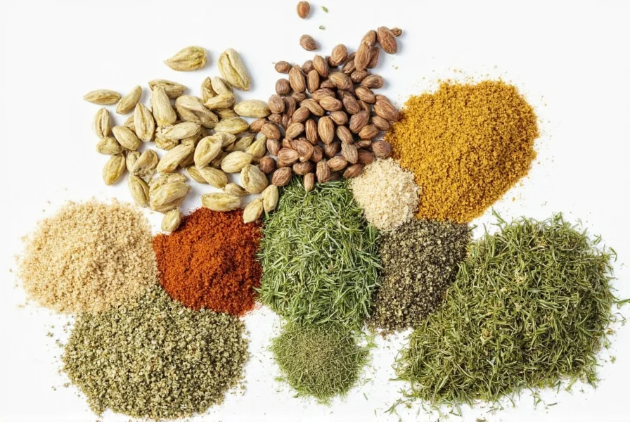 Jar of mixed pickling spices including thyme and caraway seeds
