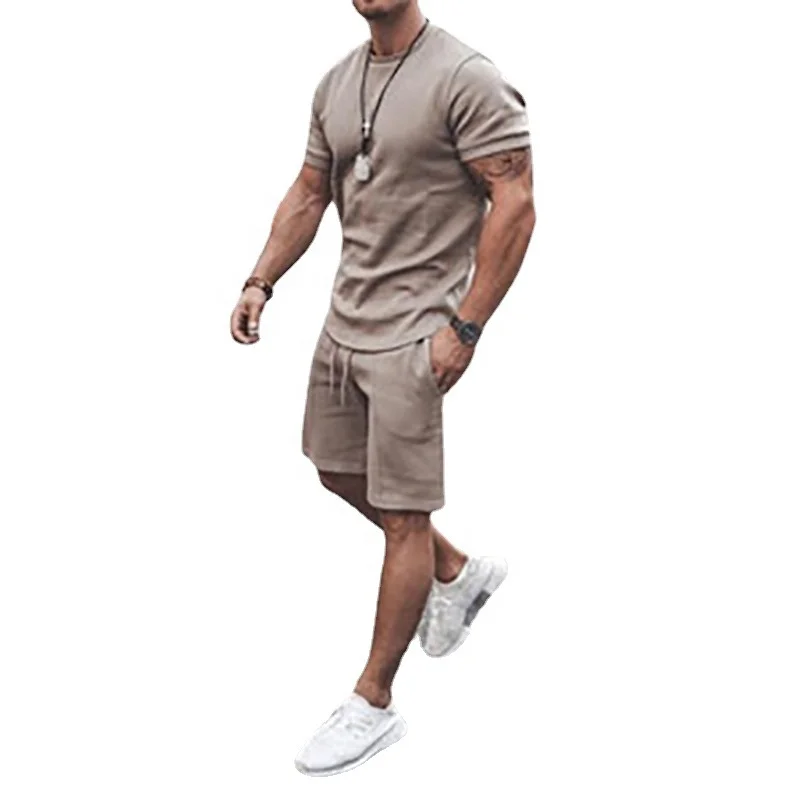 

YX 2454 New arrival print logo male summer clothing solid custom shirts and shorts jogging suit for men two piece short set