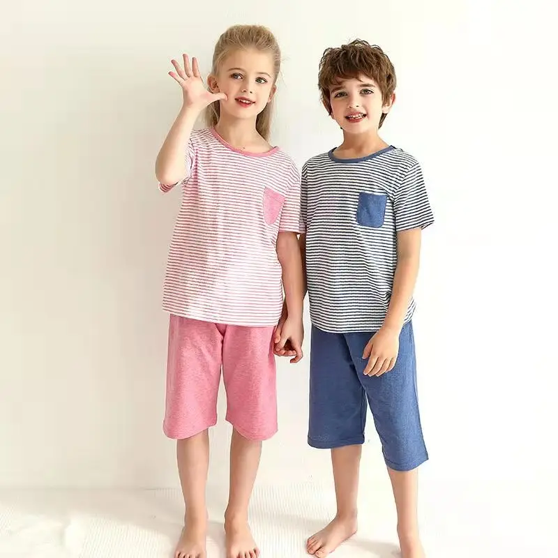 

2021 summer children clothes 100% cotton kids short sleeve stripe tops girls boys short and t shirt sets, Red,grey,pink,dark blue