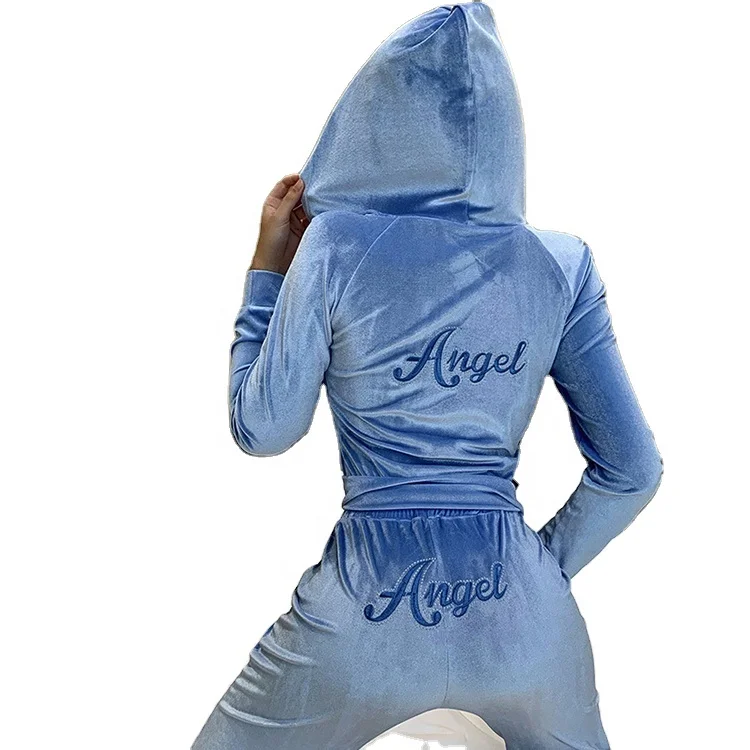 

Suede Jogger Long Sleeve Zipper Crop Top Hoodie Two Piece Pants Set Women Sweatsuit, Blue