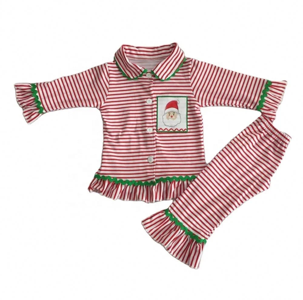 

2021 Hot sale girls boys christmas santa pajamas clothing set boutique embroidery kids clothes sets, As picture
