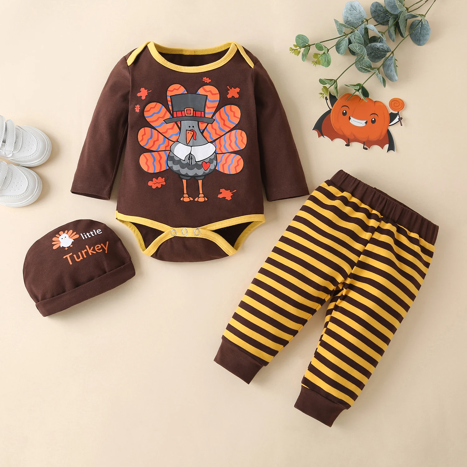 

New Thanksgiving Clothes Newborn Baby Clothes Sets 3 Piece Cotton Turkey Print Long Sleeve Bodysuit+striped Trousers+hat 0-18M