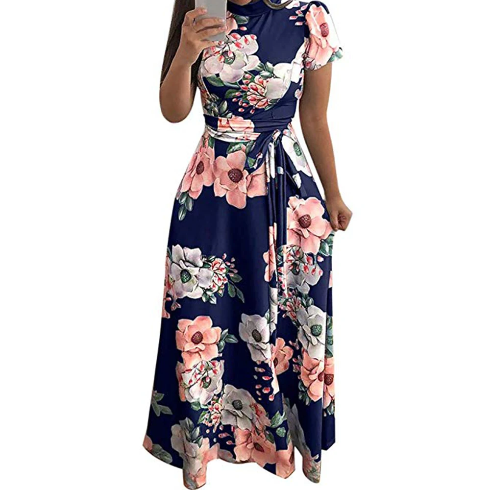 Maxi Dresses Women Wholesale 2019 Fashion Sexy Ladies Floral Print Round Neck Short Sleeve Vestidos Maxi Boho Dresses