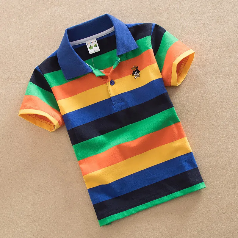 

Wholesale Cheap Cartoon Pattern Ribbed Collar Cuff Short Sleeve Cotton Panelled Blue White Striped Rugby Kids Polo T Shirt, Picture