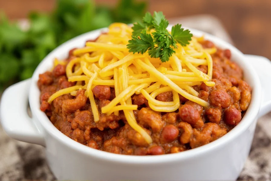 Finished homemade chili mac served in white ceramic bowl with melted cheddar cheese topping and fresh parsley garnish
