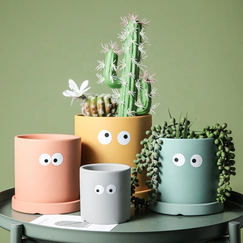 

Cute Abstract Eyes Ceramic Flowerpot With Tray Northern Europe Cactus Succulent Pot, Solid