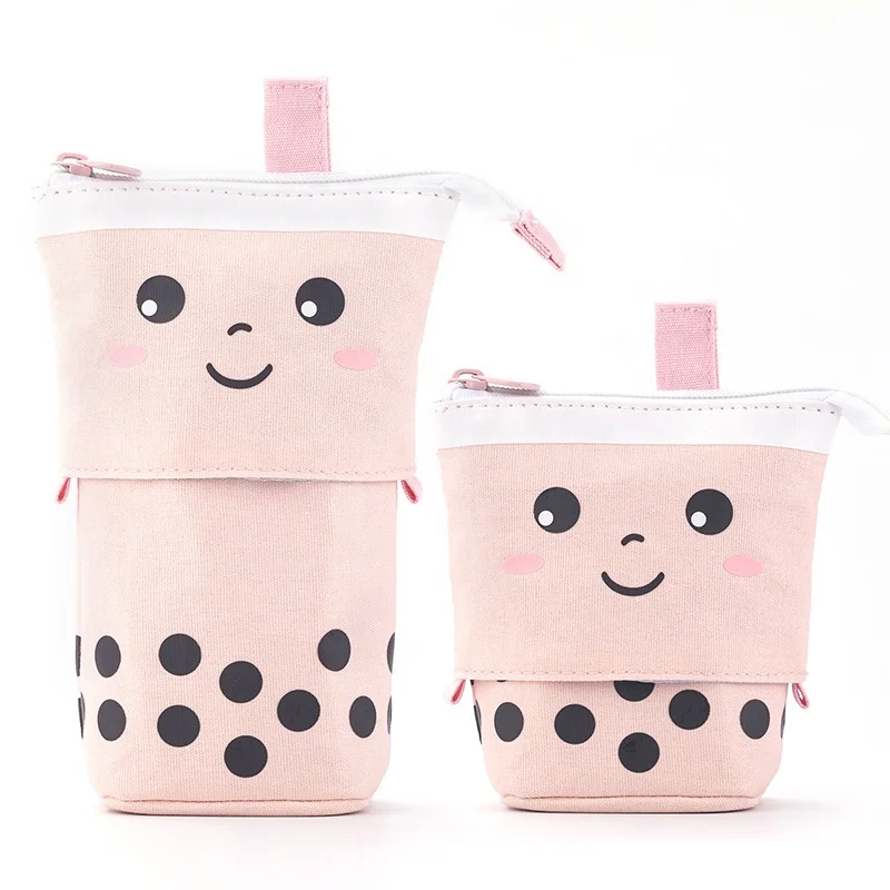 

Creative cute canvas pen holder kawaii milk tea shape large capacity pencil bag