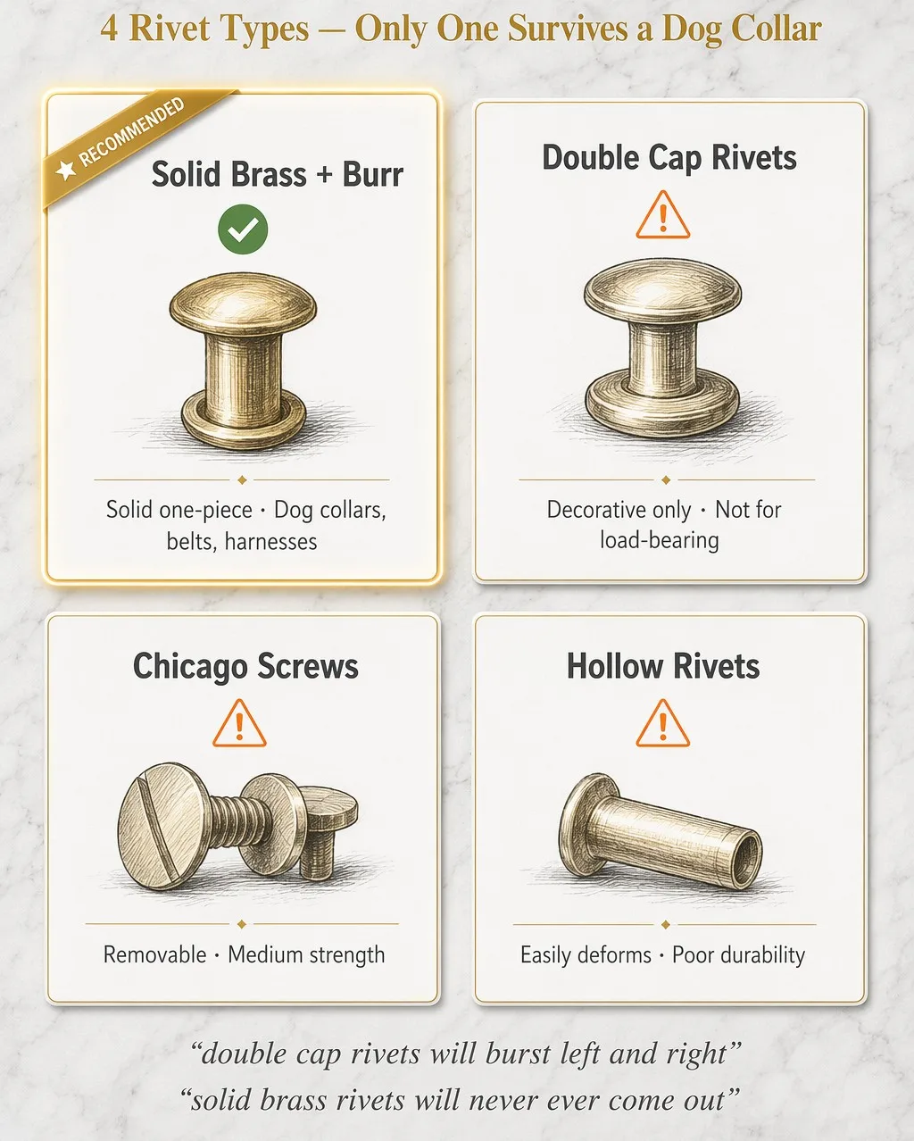 Comparison chart of four rivet types: Solid Brass with Burr (Recommended), Double Cap Rivets, Chicago Screws, Hollow Rivets