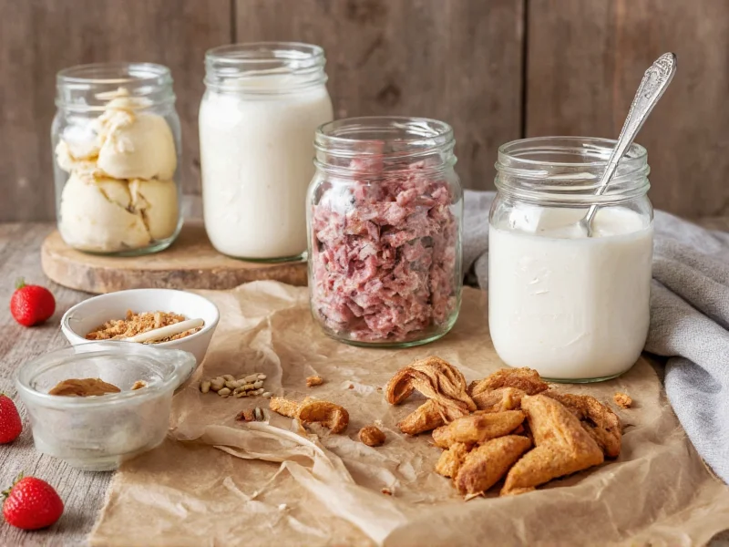 Homemade ice cream ingredients in mason jars on wooden table