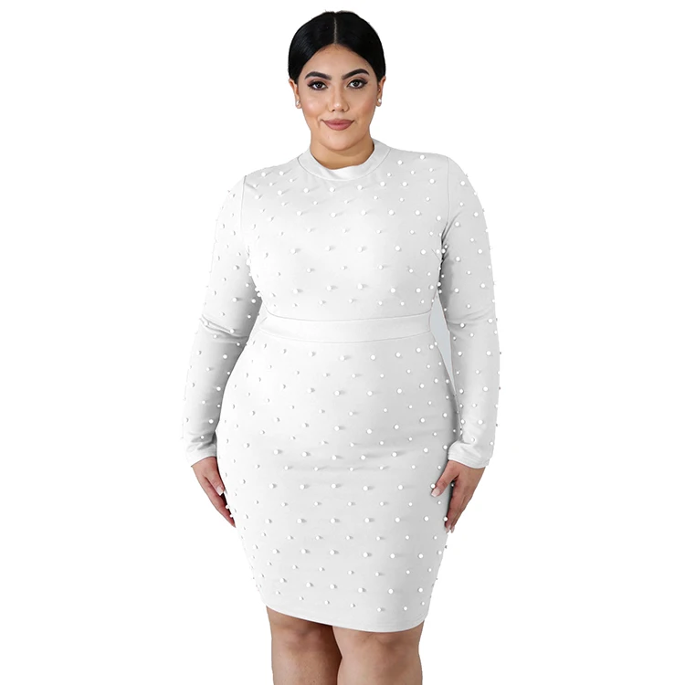 K2124 New Design Fall Round Neck Long Sleeve Pearl Women Sexy Club Plus Size Dresses