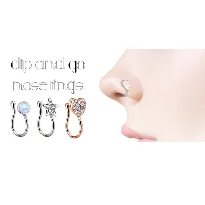 

2021 Trendy Fashion Crystal Nose Cuff Nose Hoops Star Heart Nose Ring For Women, Picture shows