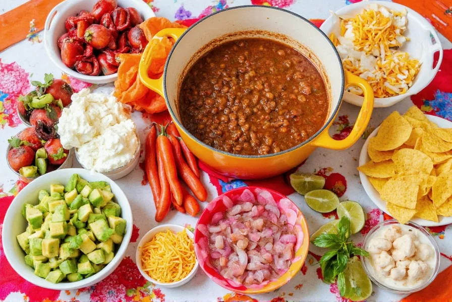 Colorful chili bar setup with multiple topping options including cheese, sour cream, avocado, and tortilla chips arranged around a central pot of chili