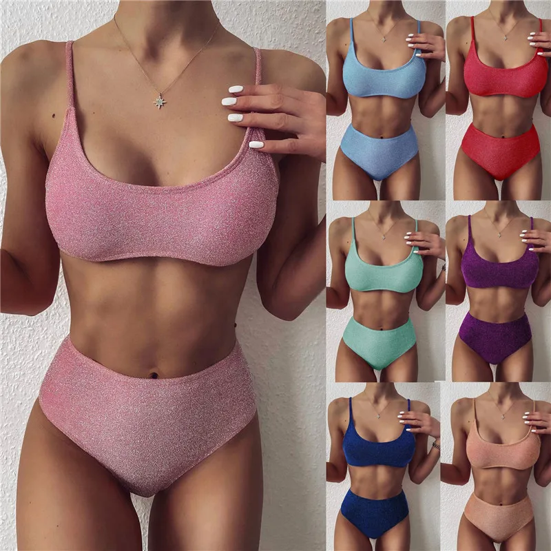 

Summer Low Price Women's Swimwear Solid Color Sling Sleeveless High Waist Bikini Two-piece Swimwear, As show