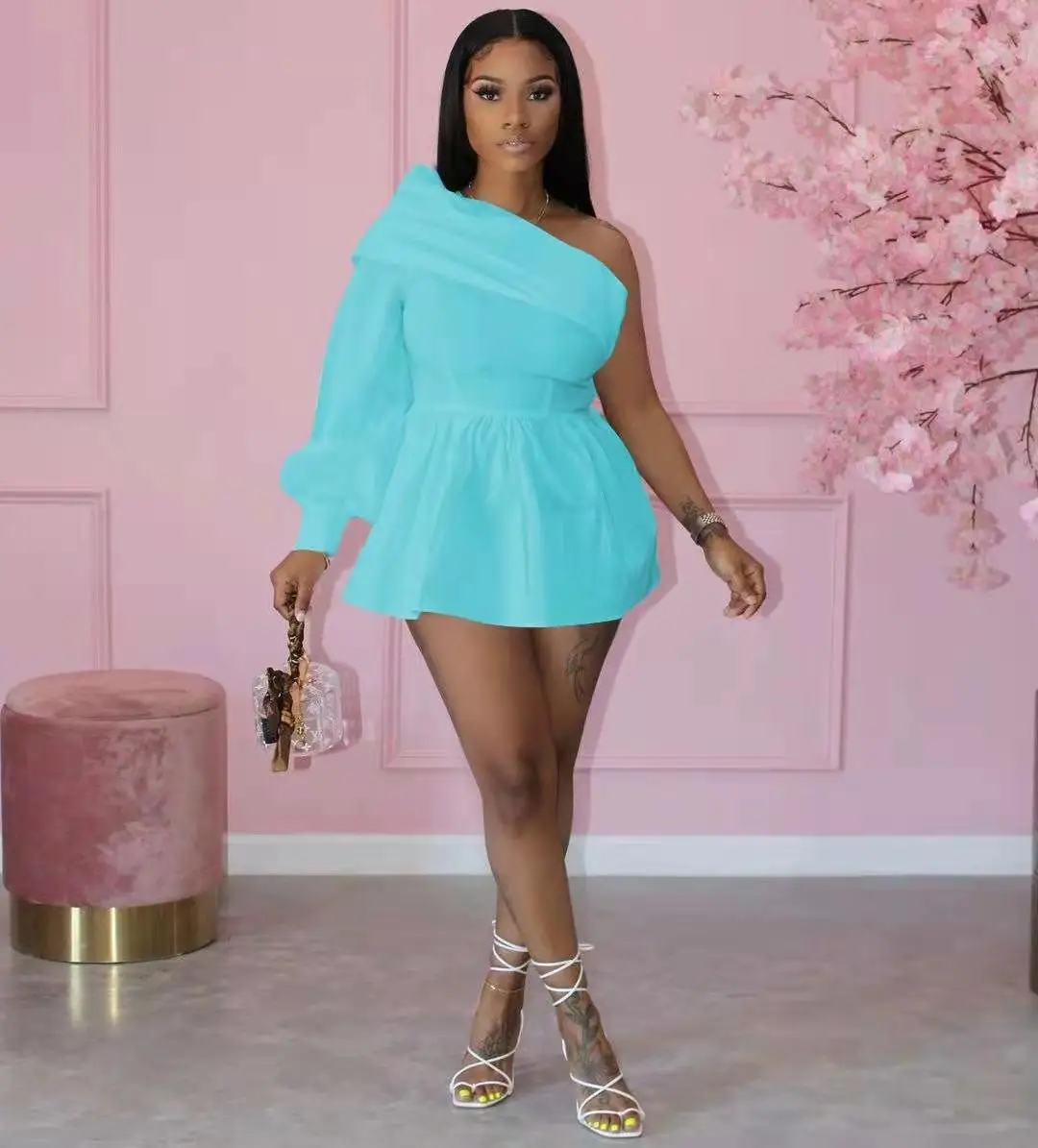 

Summer 2021 new arrivals solid color sweet mini dress ladies one sleeve off the shoulder pleated skirt streetwear, 4colors as picture