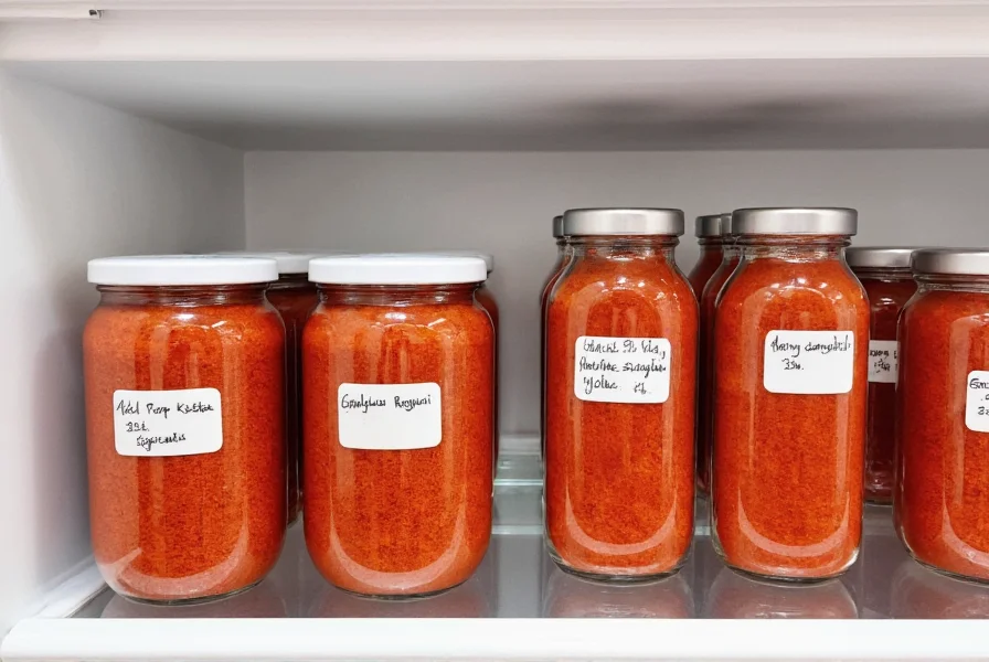 Proper storage of gochugaru in airtight glass containers in refrigerator with labels showing purchase date