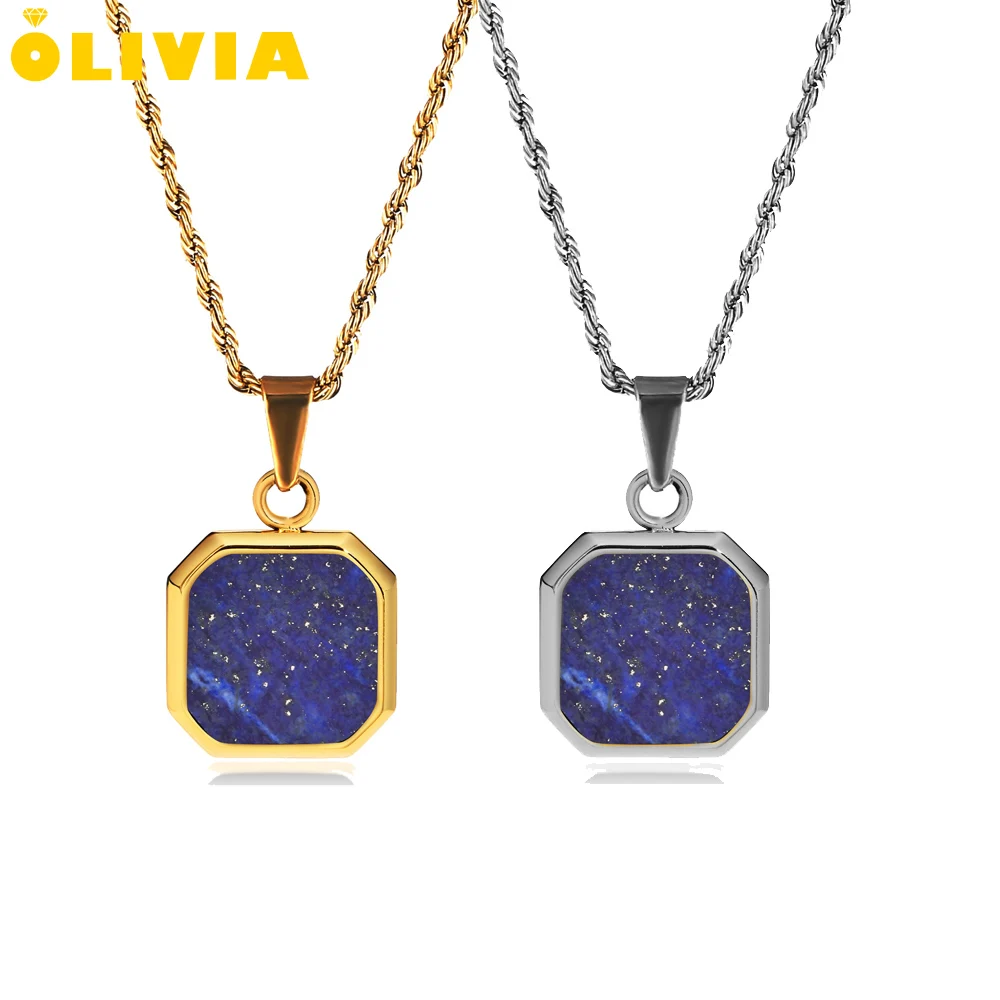 

New Square Black Enamel Shell Chain Necklace Stainless Steel Gold Plated Lapis lazuli Stone Turquoise Pendant Necklace For Men