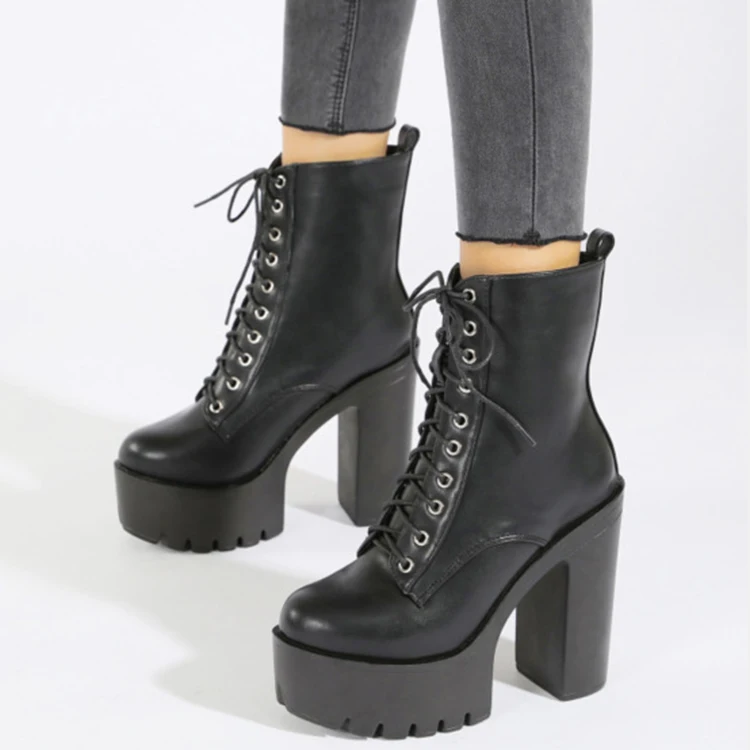 

New Arrivals 2021 Women Fashion Lady Platform Shoes Black Trendy Heels Lace-Up Ankle Boots