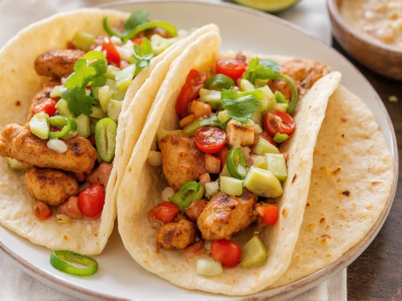 Marinated chicken strips in tortillas with colorful toppings