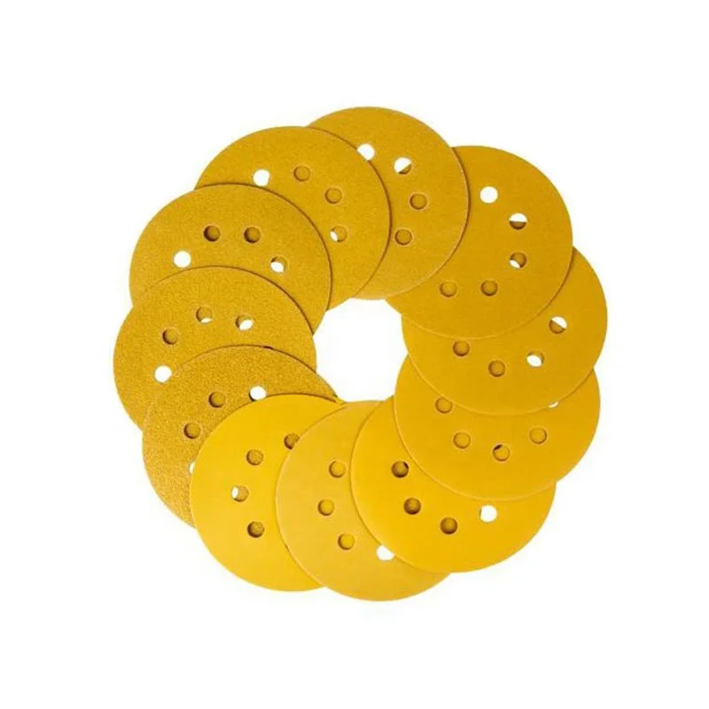 

5 Inch Yellow 8 Holes Round Paper Disc Hook and Loop 125mm Alumina Sanding Disc for High-end Furniture