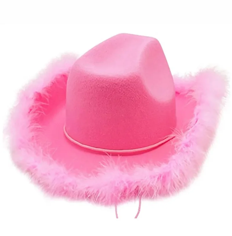 

Pink Western Style Cowgirl Hats For Women Girl Rolled Fedora Hat Feather Edge Beach Cowboy Hat