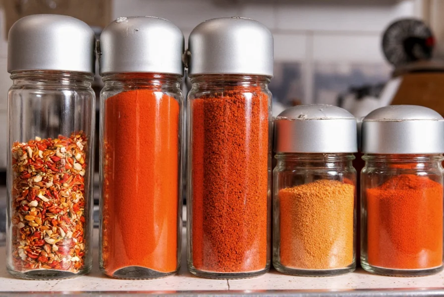 Various spice jars containing red pepper flakes, cayenne pepper, and chili powder arranged on a kitchen counter