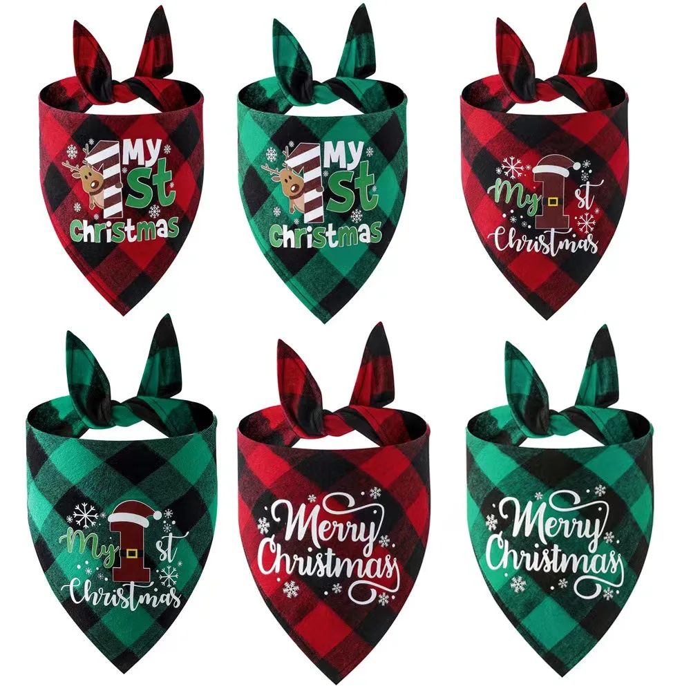 

New all cotton red black green check dog saliva towel single-layer triangle scarf Christmas pet scarf triangle scarf Bandanas