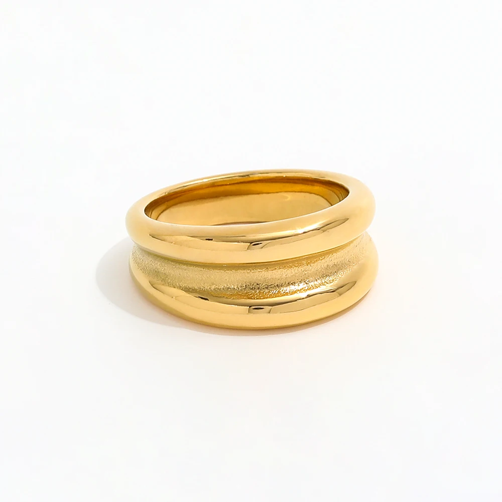 High End 18K Plain Gold Double Gradient Cambered Surface Rings Stainless Steel Trendy Simple Gold Plated Jewelry