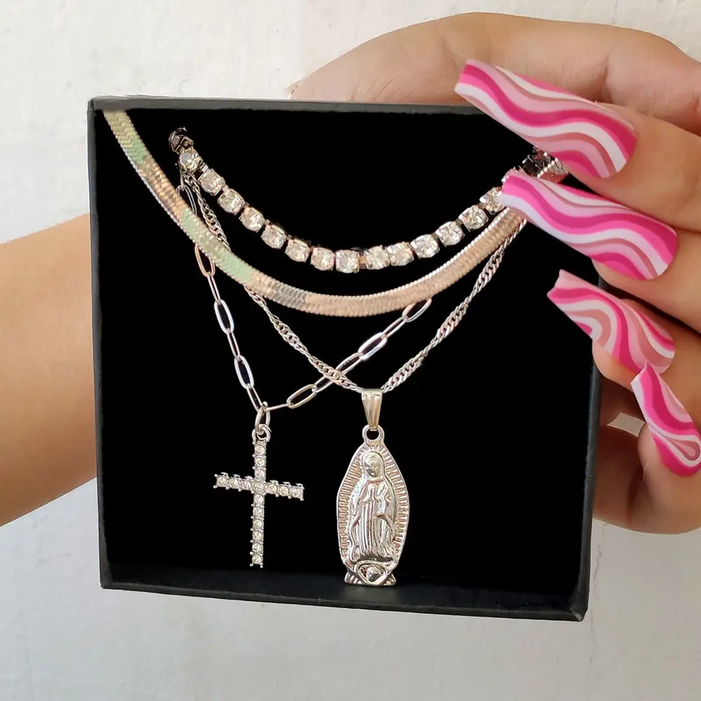 

Trendy Screwed Rope Full Rhinestone Pave Snake Chain Necklace Faith Cross Pendent Buddha Charm Necklace For Women, Silver plated