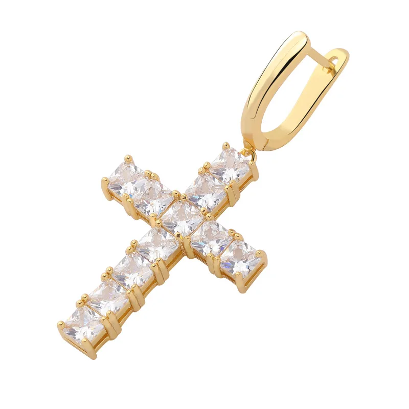 

Amazon Hotselling Hips Hops 18K Gold Plating Iced Out Square Zircon CZ Cross Pendant Huggie Earring, As picture shows