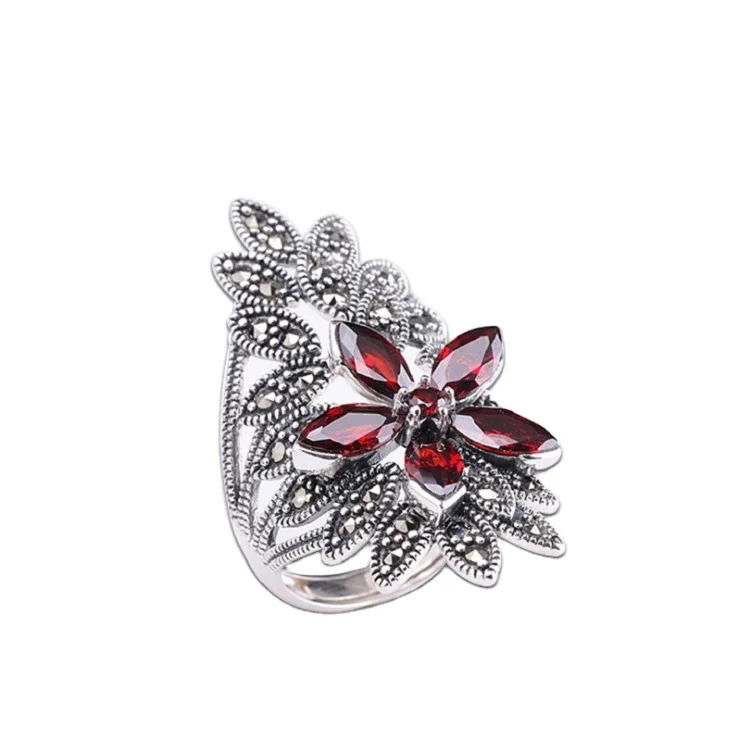 

Certified S925 Sterling Silver Thai Silver Women's Temperament Atmosphere Opening Sunflower Garnet Red Ring Holiday Gift