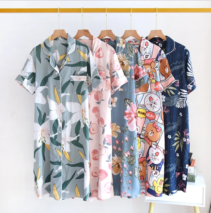 

2021 new style Sleepdress for women short sleeved silk loose Korean version blouse collar thin print mid-long summer home wear, 9 colors