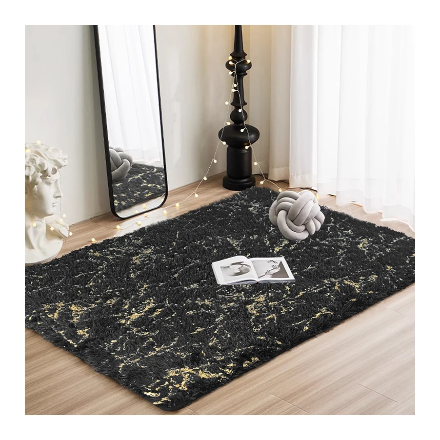 Golden Stamping Print Marble Pattern Carpet and Rug Black and Gold Marble PV Velvet Carpet Decorative Floor Mat for Floor