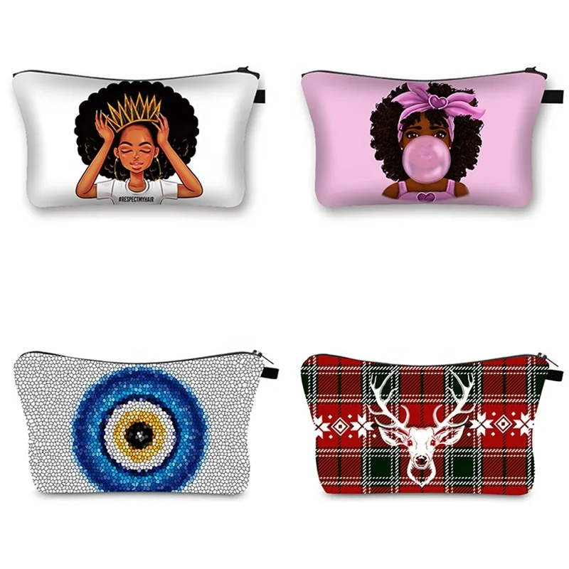 

Wholesale Custom Logo Printed Travel Zipper Pouch African Tribal Girls Halloween Christmas Cartoon Canvas Makeup Cosmetic Bags