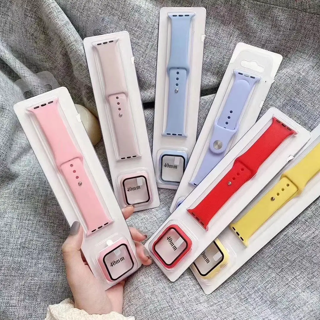 

2 in 1 Sets Tempered Glass Case Watch Band Silicone Sport Detachable Straps For iWatch 38 40 42 44 mm PC Hard Frame Wristband