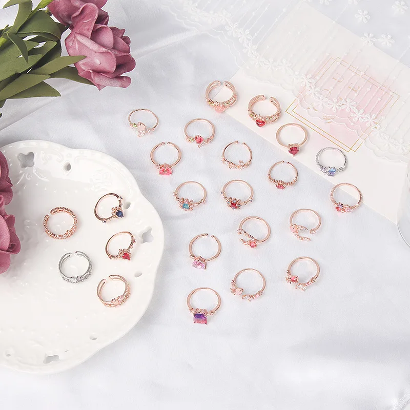 

Korean New Sweetheart Flower Cubic Zircon Adjustable Ring Drop Crystal Party Rings For Girls, Gold