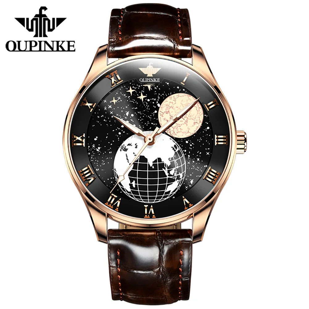 

Oupinke 3177 OEM Fashion Men Automatic Genuine Leather Earth Watch Supplier Wholesale Japanese Movement Mechanical Wristwatches