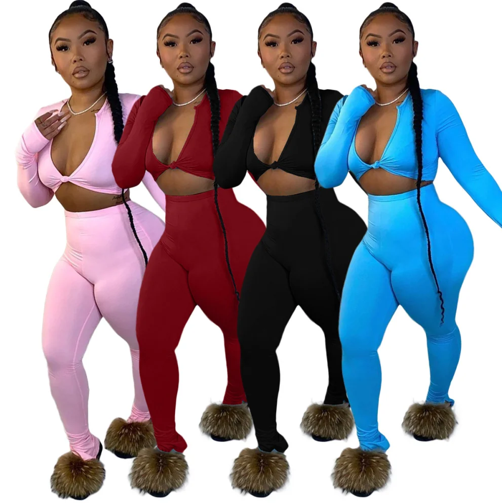

2020 Women 2 Piece Set Fall Winter Clothing Crop Top Stacked Pant Women Two Piece Pants Sets, Pink,blue,wine red,black