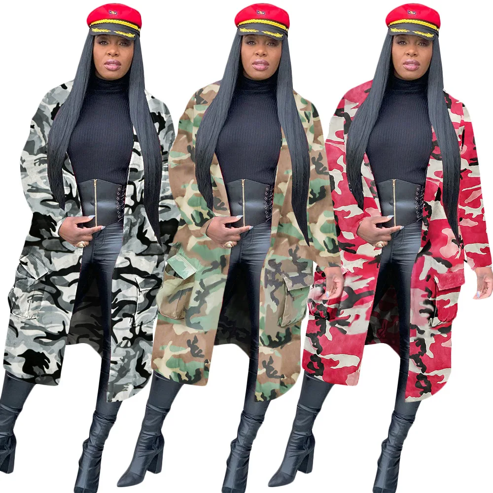 

Long coat 2020 women jacket camouflage trench coat woman plus size fall jackets
