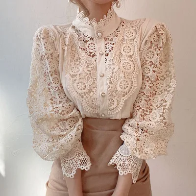 

Long Sleeve Blouse Womens Tops Shirts Lace 2021 Fall Korean Fashion White Hollow Out sexy Office Lady Floral Turtleneck New, As picture or customized make