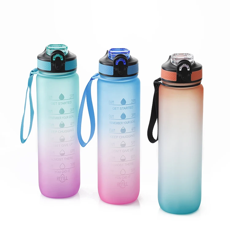 

In Stock 1L Motivational Fitness outdoor Sports Water Bottle with Time Marker and straw lids, Customized color