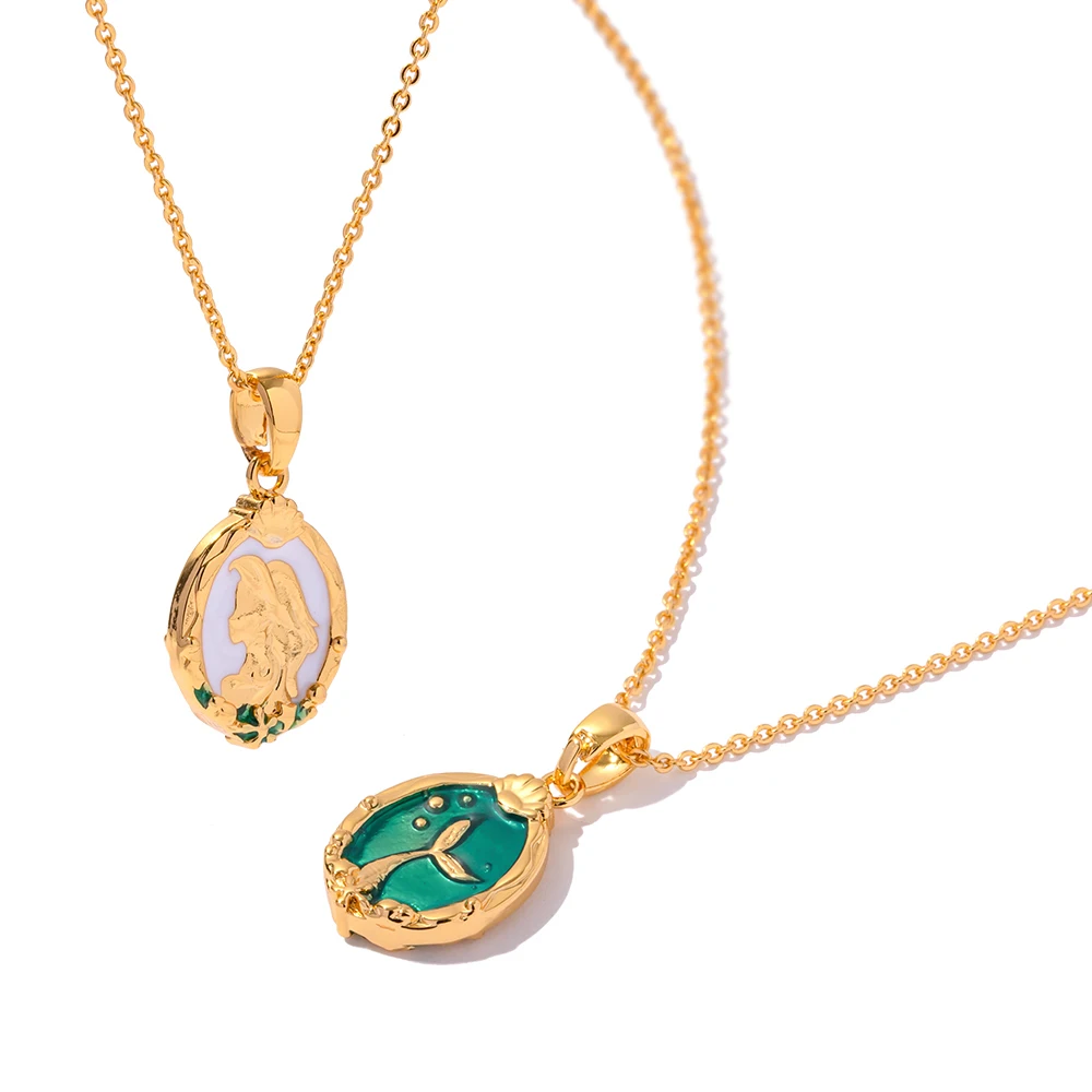 

New Arrival 18k Gold Plated Brass Double-sided Green Enamel Mermaid Medallion Necklace for Women
