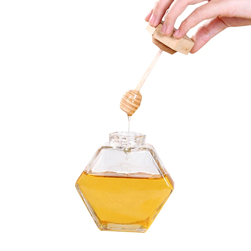 High quality square hexagonal food storage glass honey jars with wooden lid